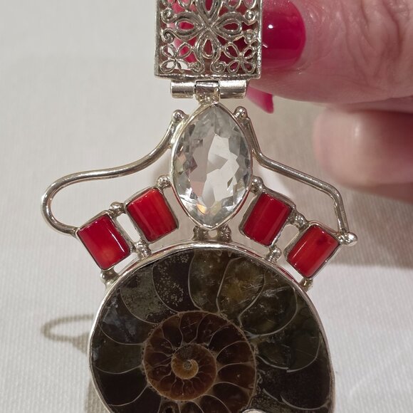 Vintage Ammonite Shell Red Coral Clear Gemstone Handmade Sterling Silver Pendant - Picture 1 of 12